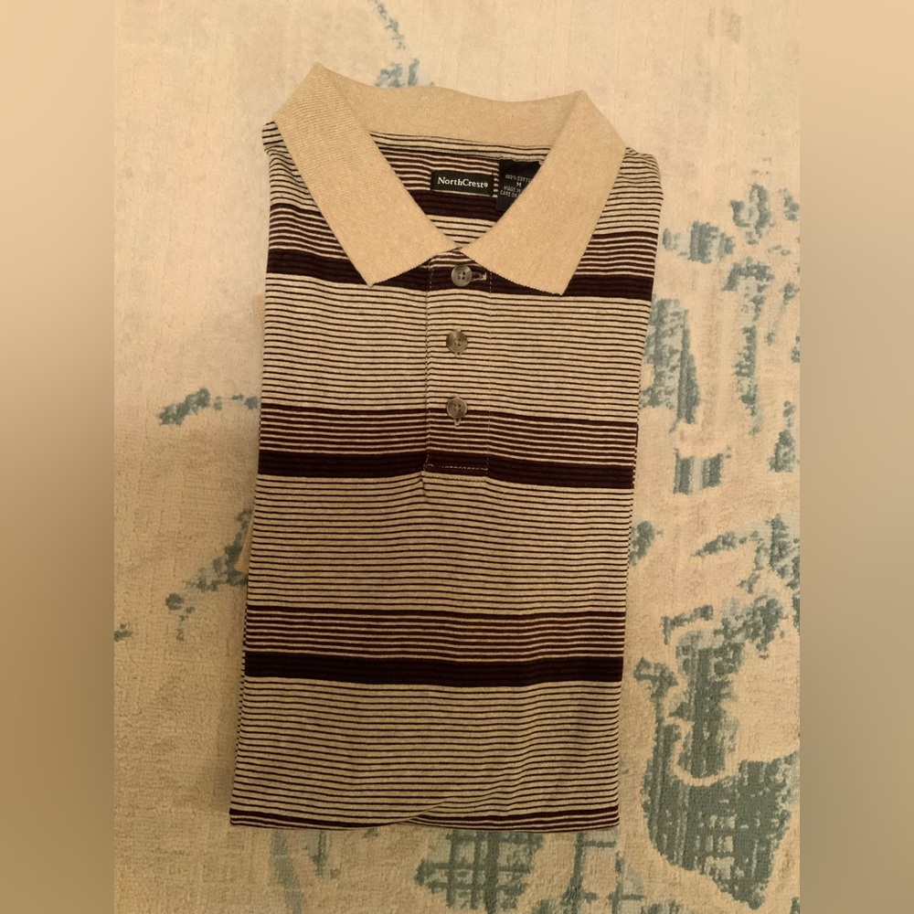 NWT Tall NorthCrest Men's Polo Cotton Striped Tan Short Sleeve Shirt Sz Medium